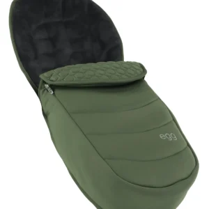 Egg 2 Footmuff in Olive, featuring plush fleece lining, water-resistant outer shell, and zip-off front section for easy access.