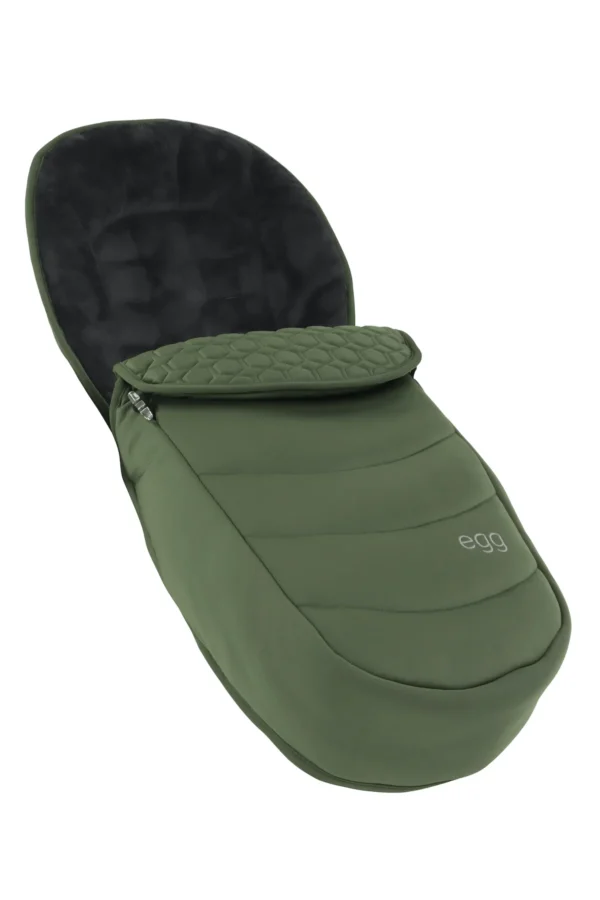 Egg 2 Footmuff in Olive, featuring plush fleece lining, water-resistant outer shell, and zip-off front section for easy access.